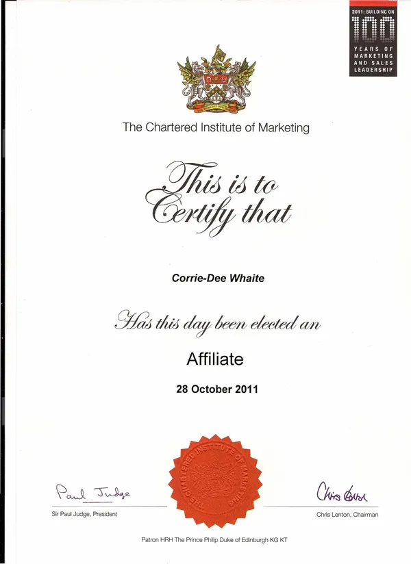 Chartered Institute of Marketing Affiliate Member certificate for Corrie-Dee Whaite, 28 October 2011