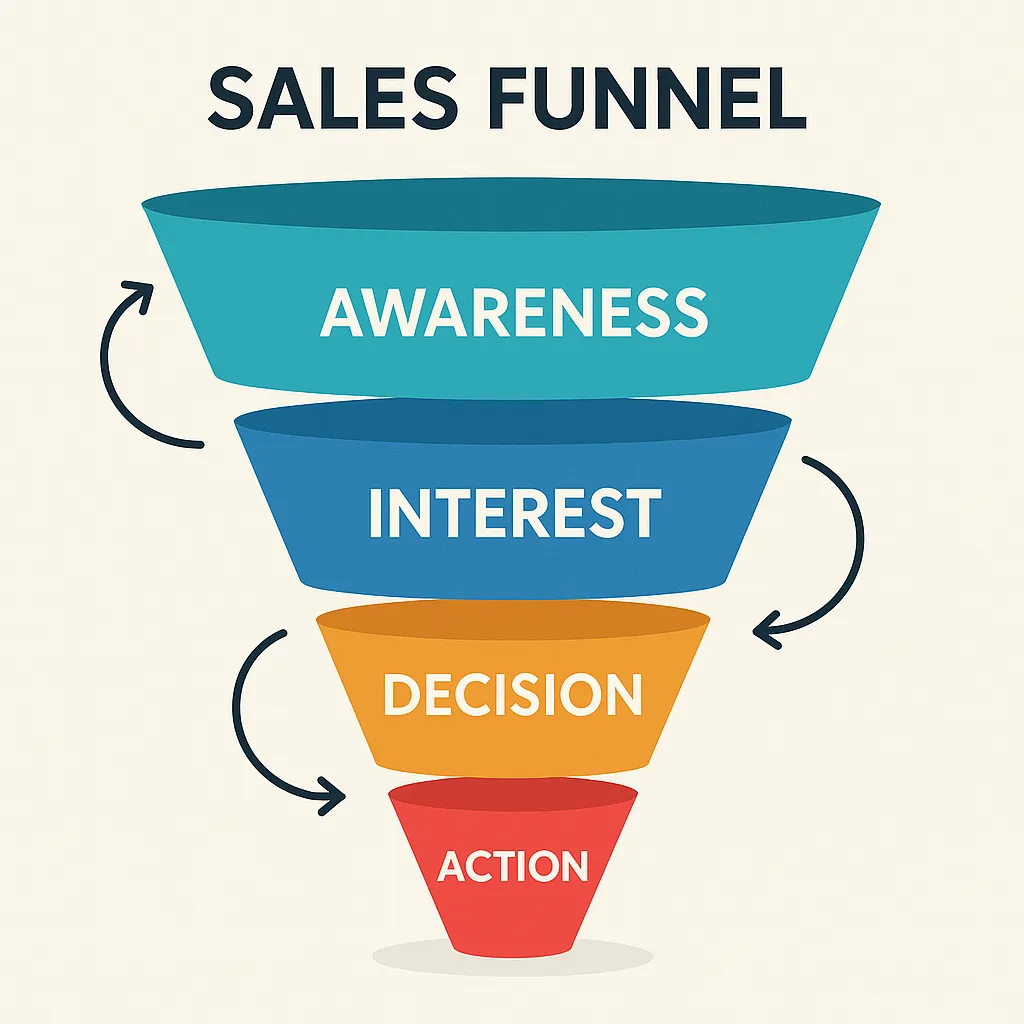 Sales funnel showing awareness, interest, decision and action