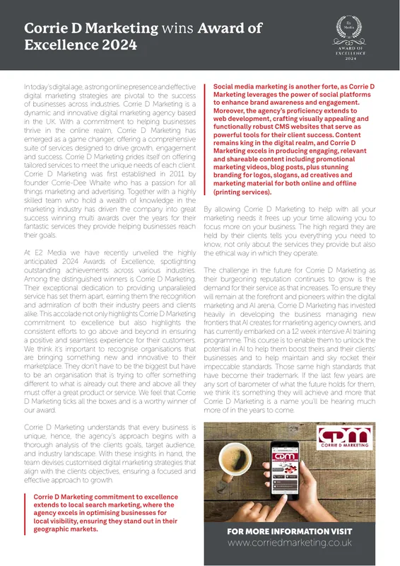 South East Star magazine feature: Corrie D Marketing wins Award of Excellence 2024