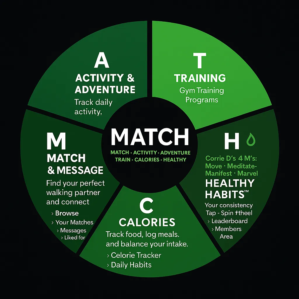 WalkMatch framework covering matching, activity, training, calories and healthy habits