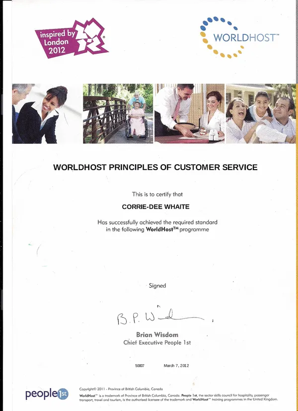 WorldHost Principles of Customer Service certificate for Corrie-Dee Whaite, inspired by London 2012, March 2012