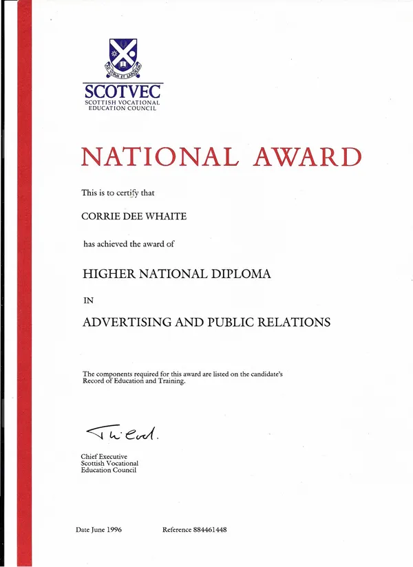 SCOTVEC Higher National Diploma in Advertising and Public Relations certificate awarded to Corrie Dee Whaite, Central College of Commerce, June 1996