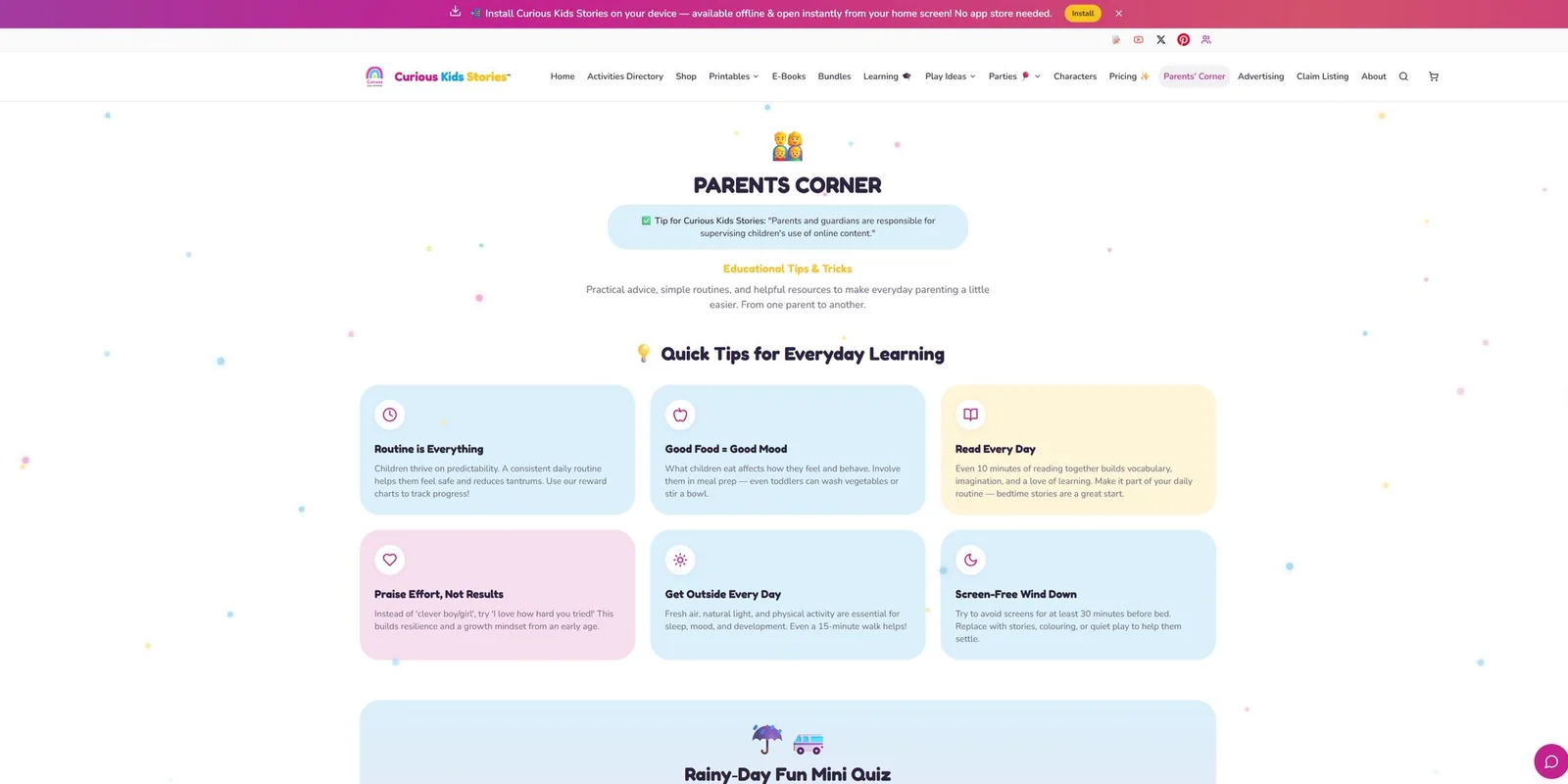 Curious Kids Stories Parents' Corner with practical learning tips and activities
