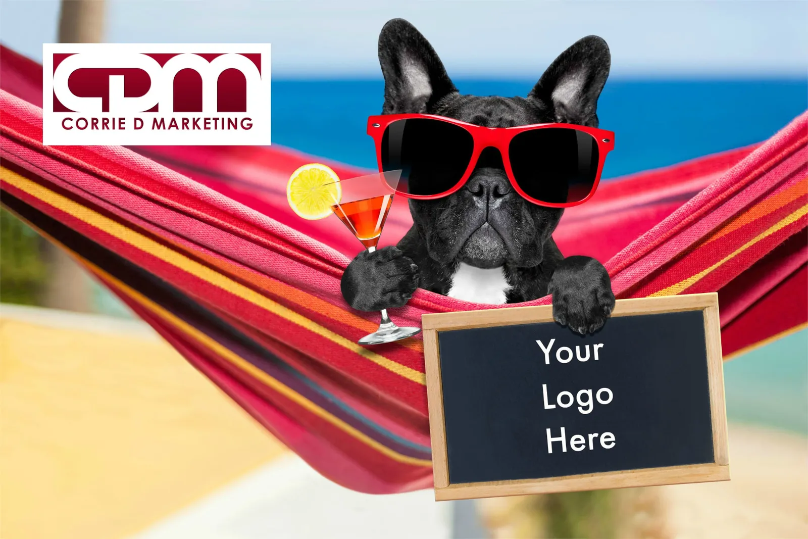 French bulldog in sunglasses relaxing in a red hammock holding a blackboard reading Your Logo Here