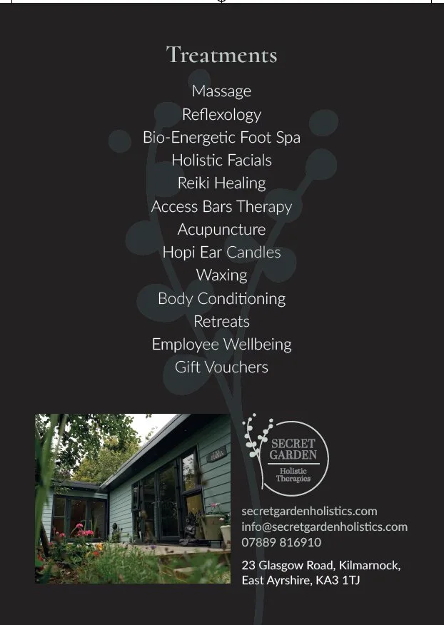 Secret Garden Holistic Therapies treatments flyer designed by Corrie D Marketing