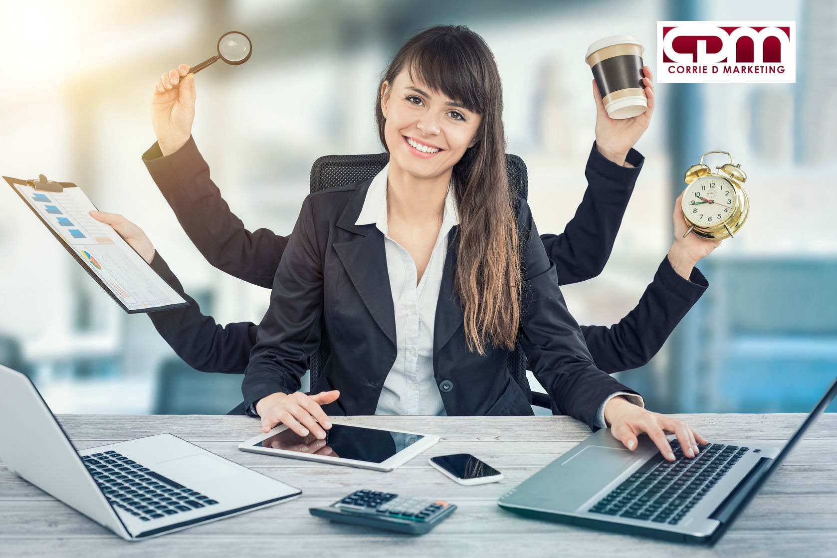 Businesswoman multitasking at a desk with laptops, tablet, clipboard, coffee and alarm clock