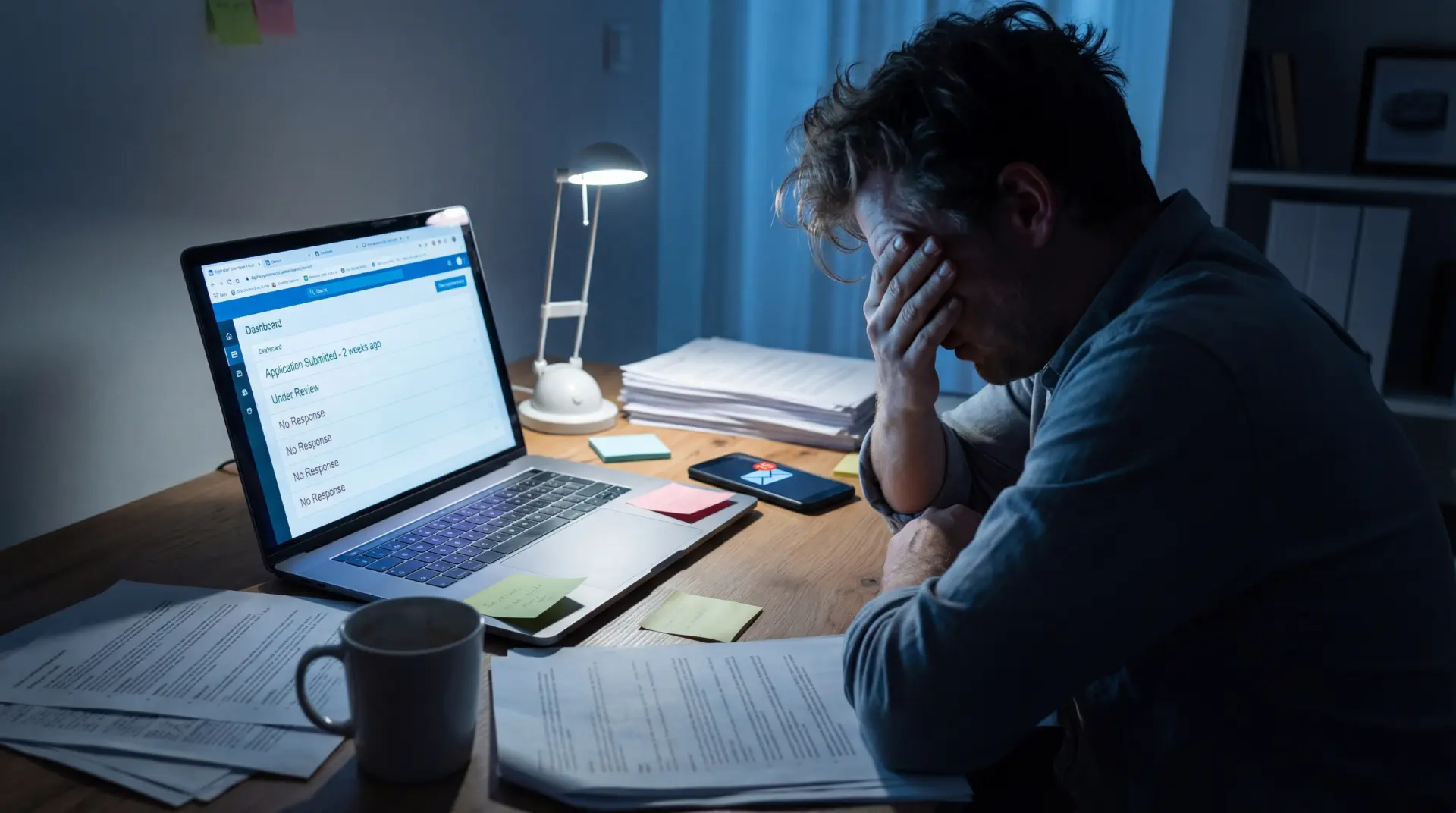 Job seeker reviewing unanswered applications beside a laptop