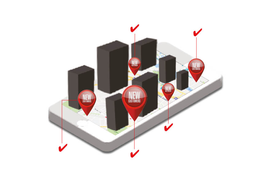 3D mobile map showing geo-fenced buildings and new customer location pins