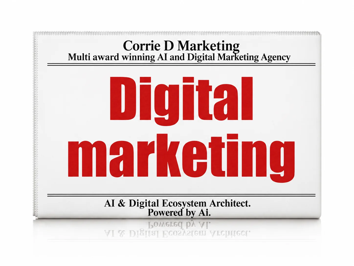 Digital marketing newspaper headline — digital marketing services by Corrie D Marketing, powered by AI