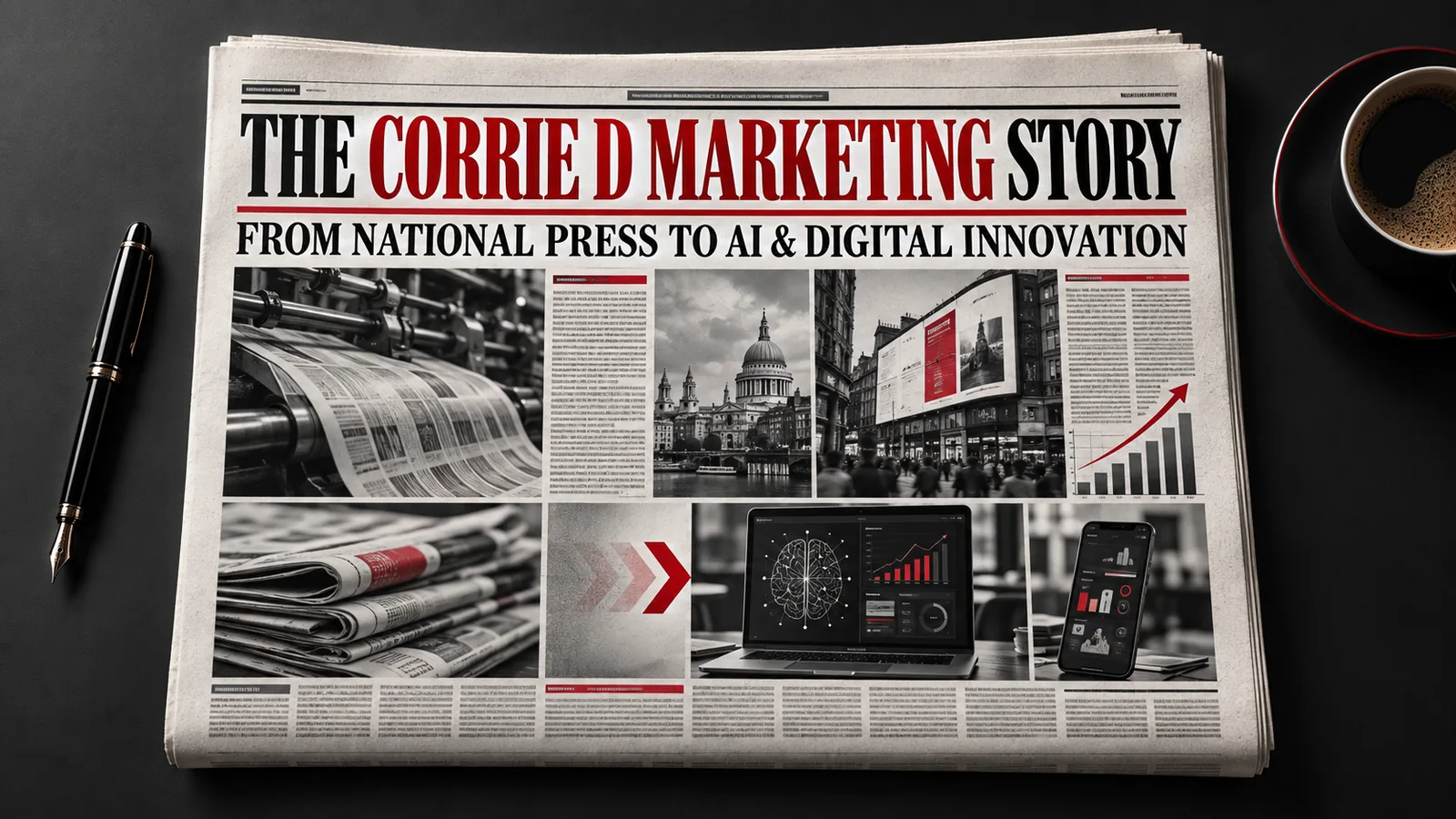 The Corrie D Marketing Story — newspaper-style feature from national press to AI and digital innovation