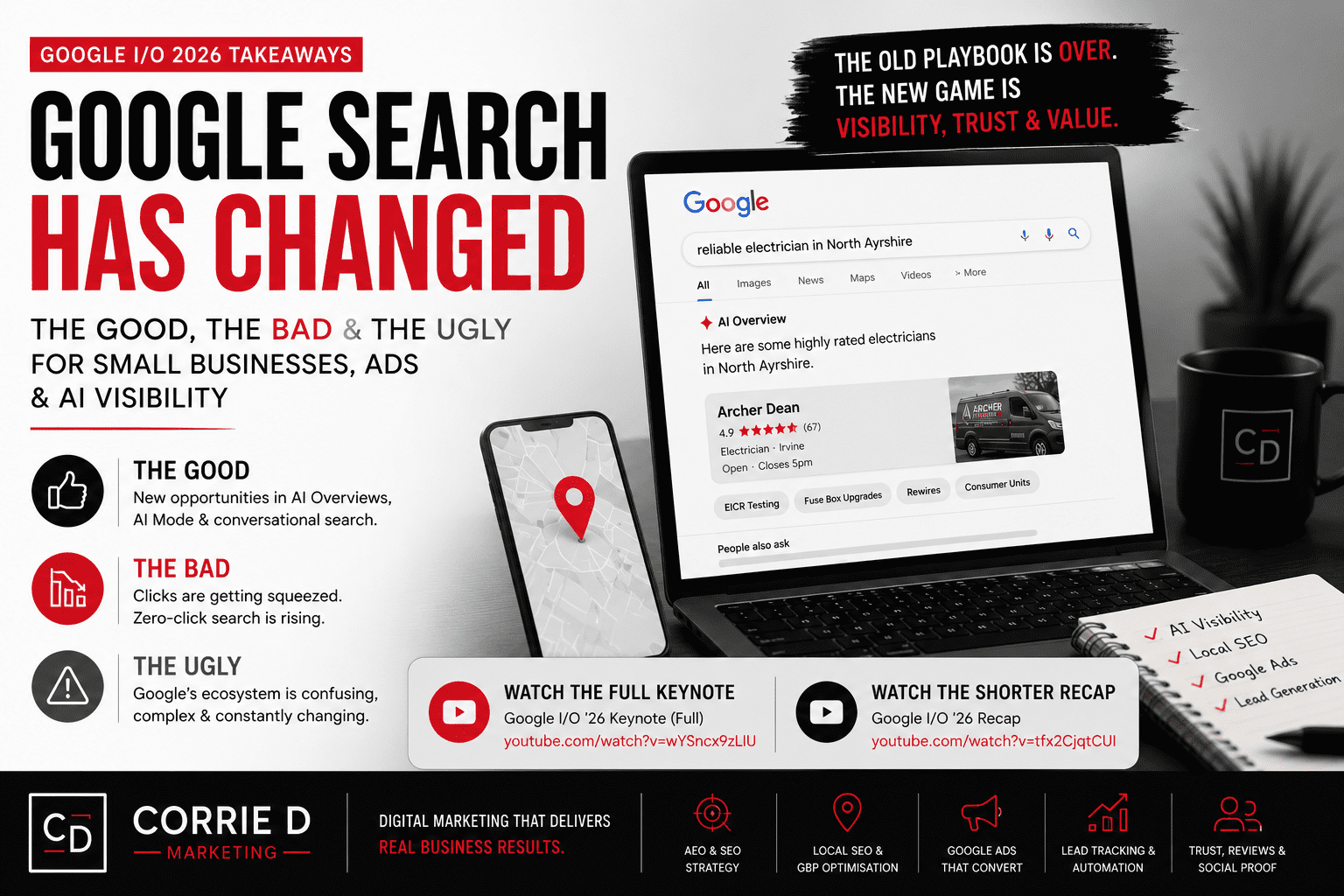 Google I/O 2026 takeaways — Google Search has changed: the good, the bad and the ugly for small businesses, ads and AI visibility. The old playbook is over; the new game is visibility, trust and value.