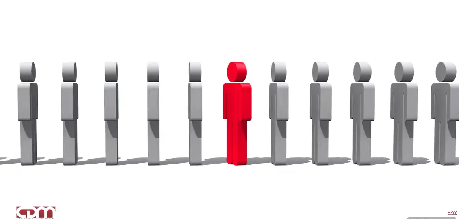 A red figure standing out from a row of grey figures