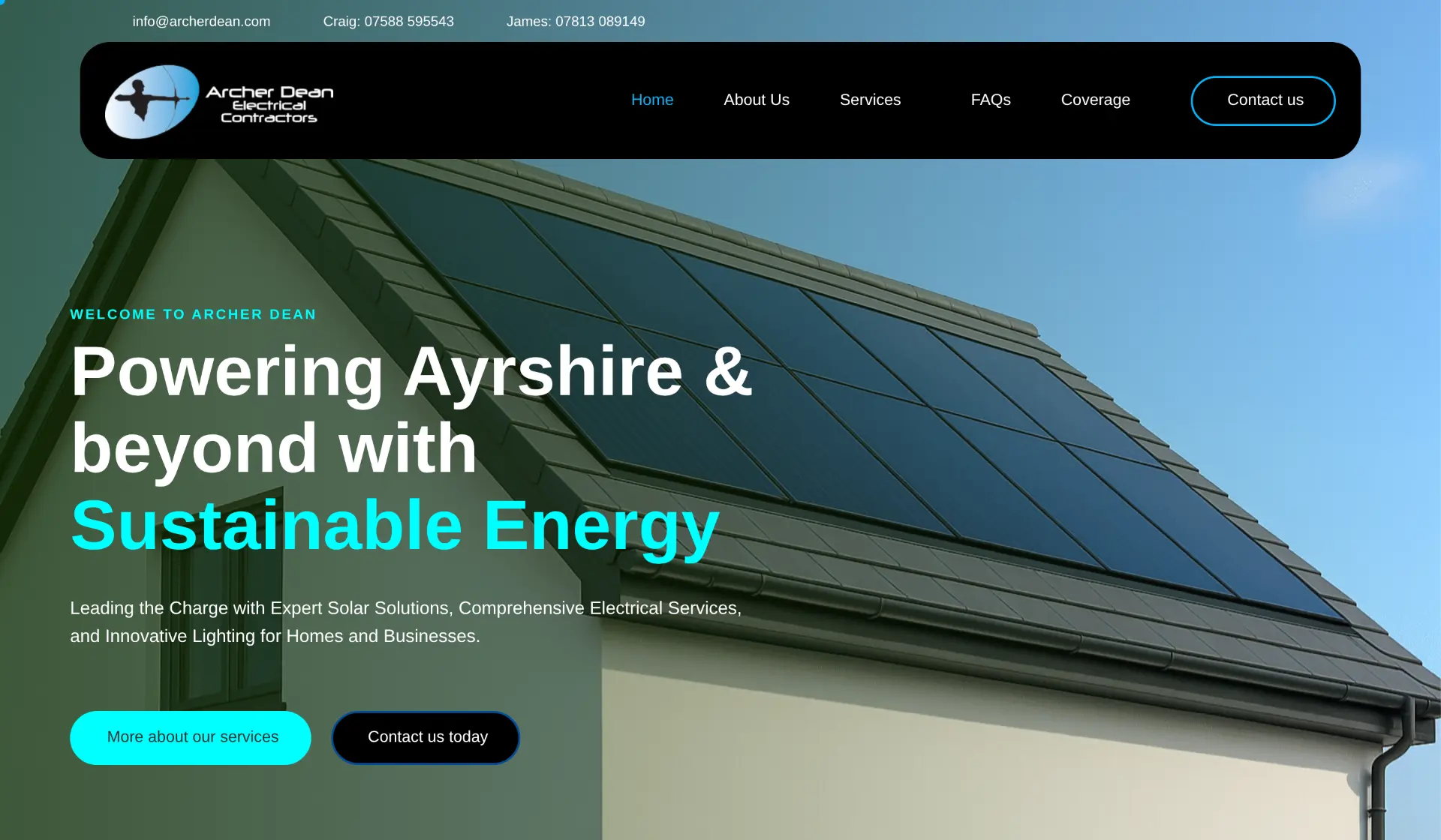 Archer Dean Electrical Contractors homepage — solar energy website built by Corrie D Marketing