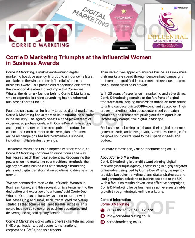 Press release: Corrie D Marketing Triumphs at the Influential Women in Business Awards