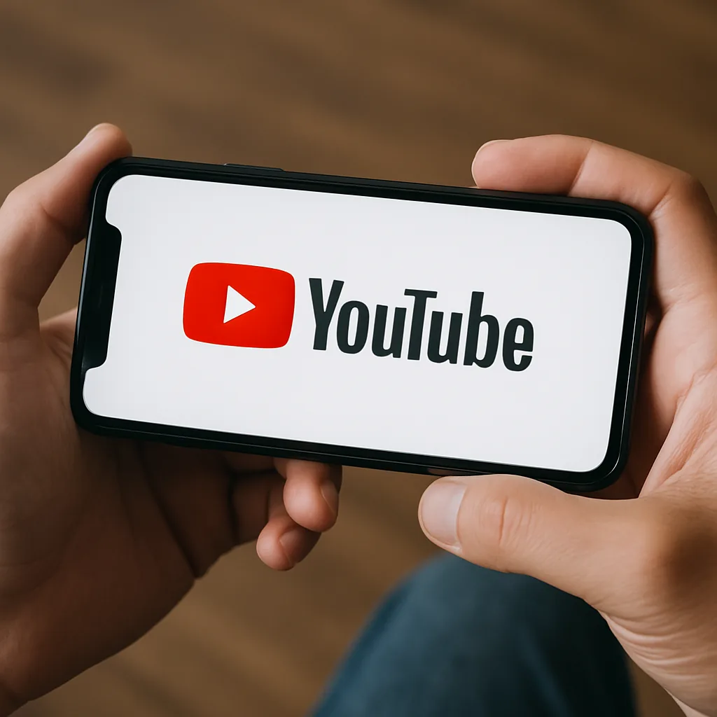 Someone holding a smartphone displaying the YouTube logo, ready to watch video advertising
