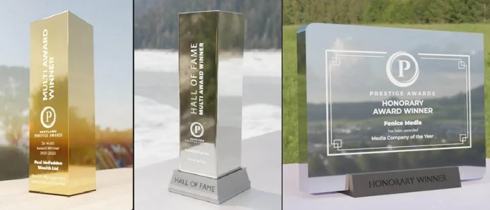 Prestige Awards trophies: gold multi-award winner, Hall of Fame and Honorary Award Winner