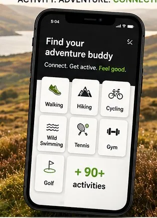 WalkMatch mobile app showing more than 90 activities for finding an adventure buddy