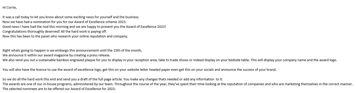 Email from the awards panel announcing Corrie D Marketing's Award of Excellence 2023