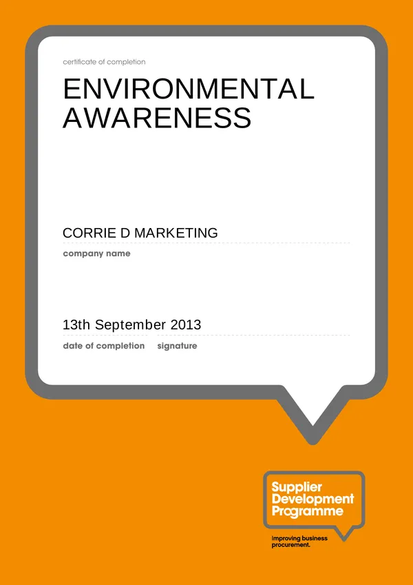 Environmental Awareness certificate of completion for Corrie D Marketing, Supplier Development Programme, 13 September 2013