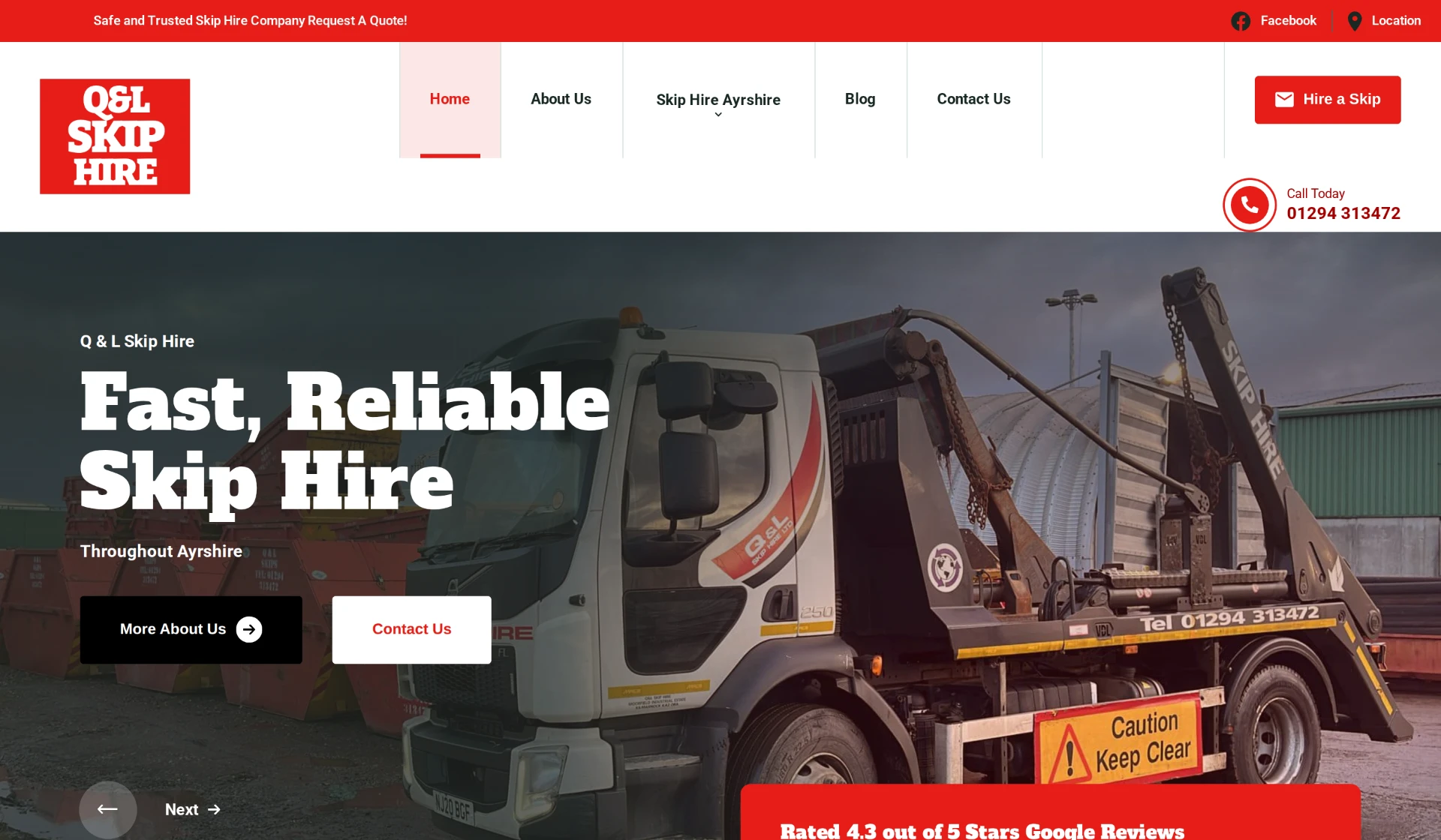 Q & L Skip Hire homepage — Ayrshire skip hire website built by Corrie D Marketing