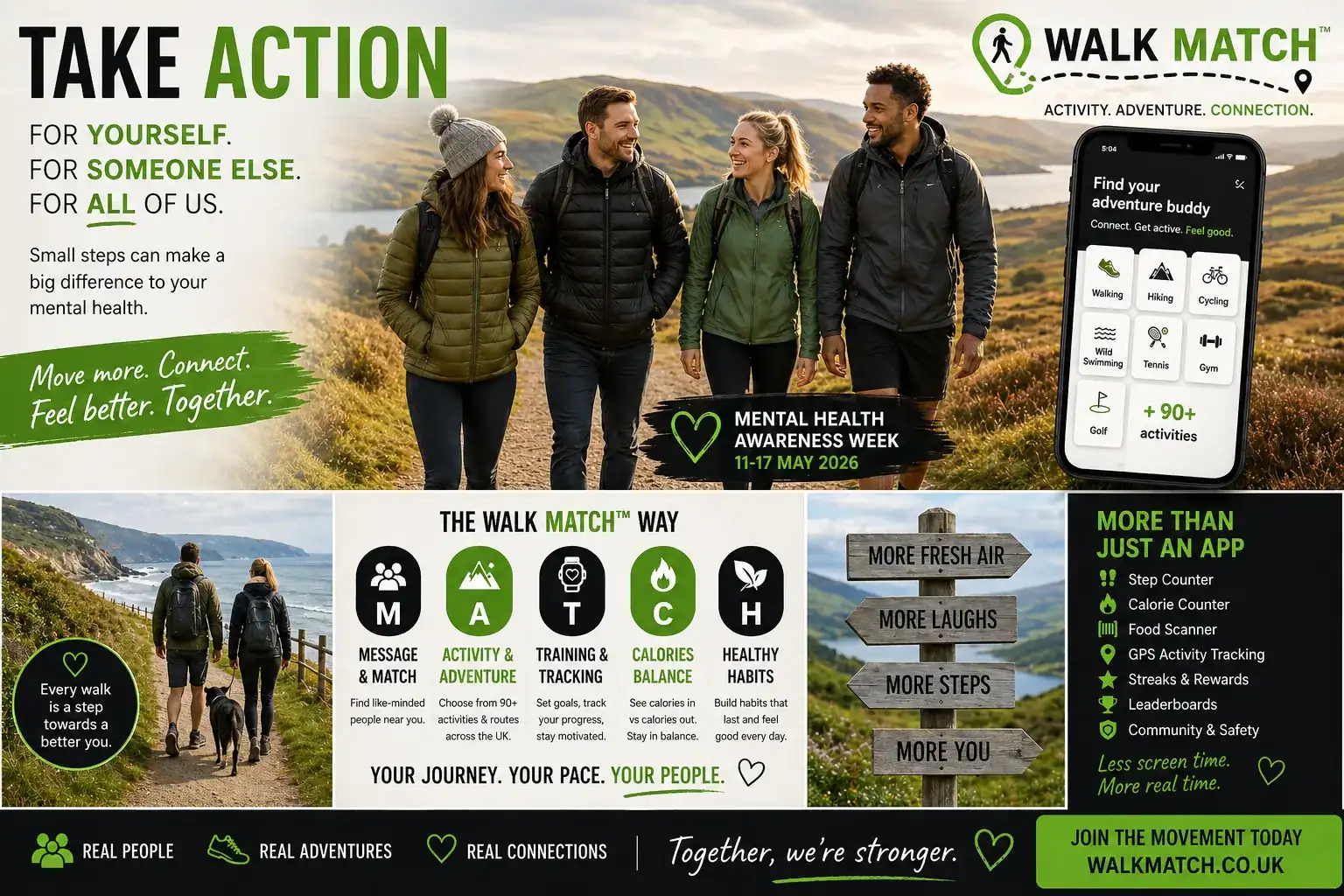 WalkMatch community, activities, healthy habits and wellbeing features