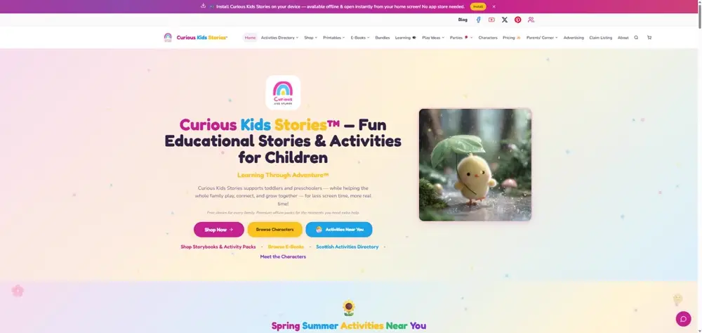 Curious Kids Stories homepage — educational stories and activities for children