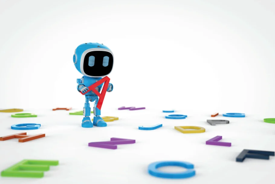 Illustration from The AI And Digital Revolution e-book — a friendly AI robot holding the letter A among scattered alphabet letters