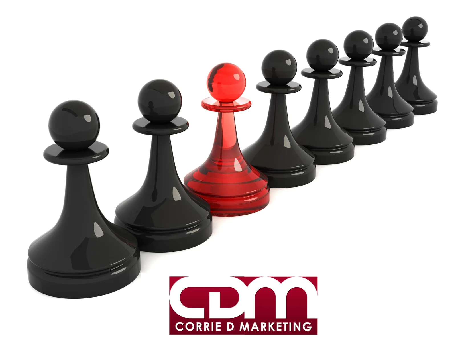 A single red chess pawn standing out in a line of black pawns, branded Corrie D Marketing