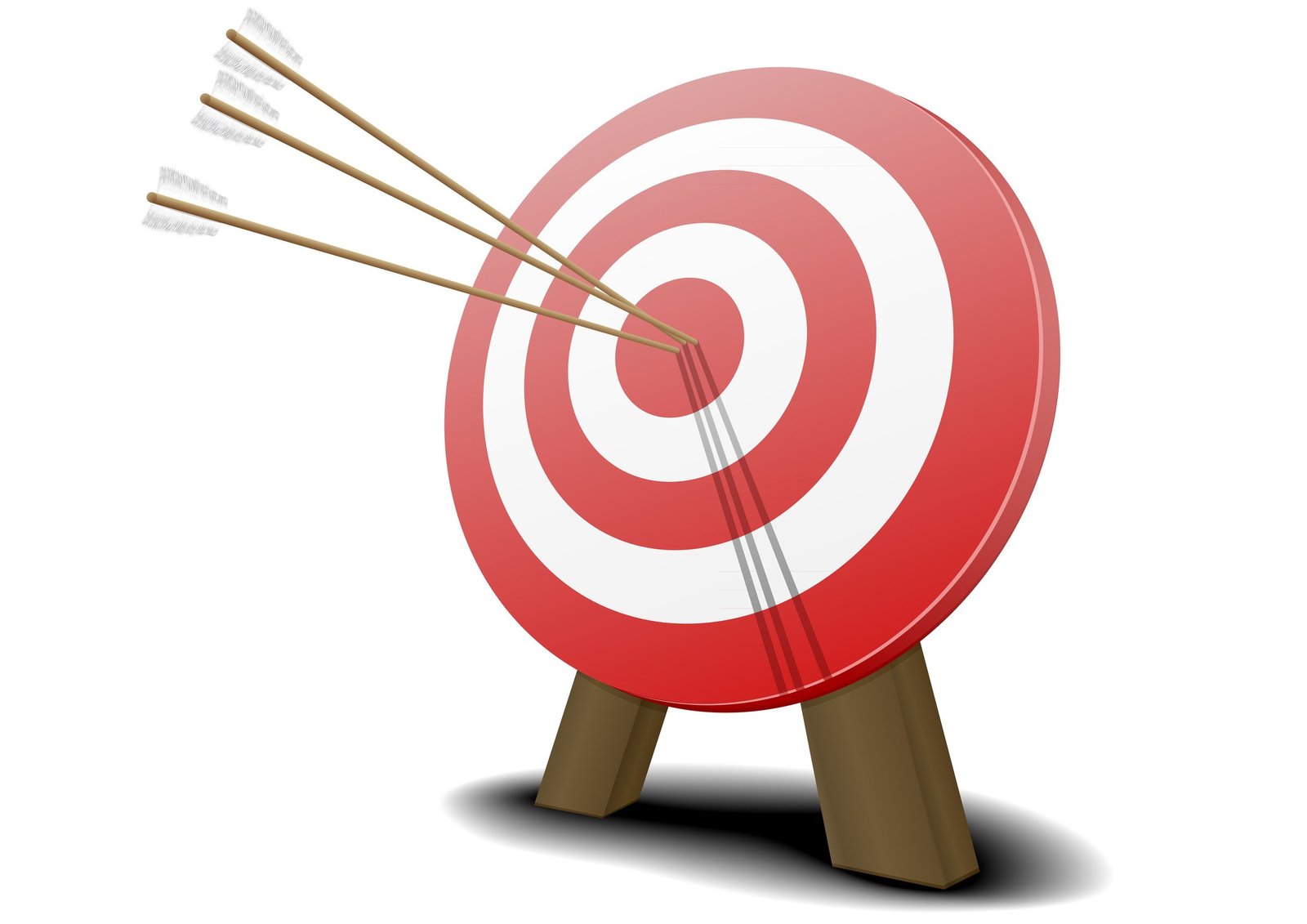 Three arrows hitting the bullseye of a red and white target