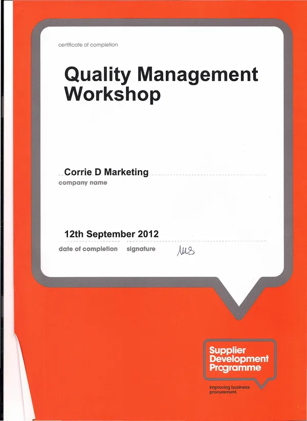 Quality Management Workshop certificate of completion for Corrie D Marketing, Supplier Development Programme, 12 September 2012