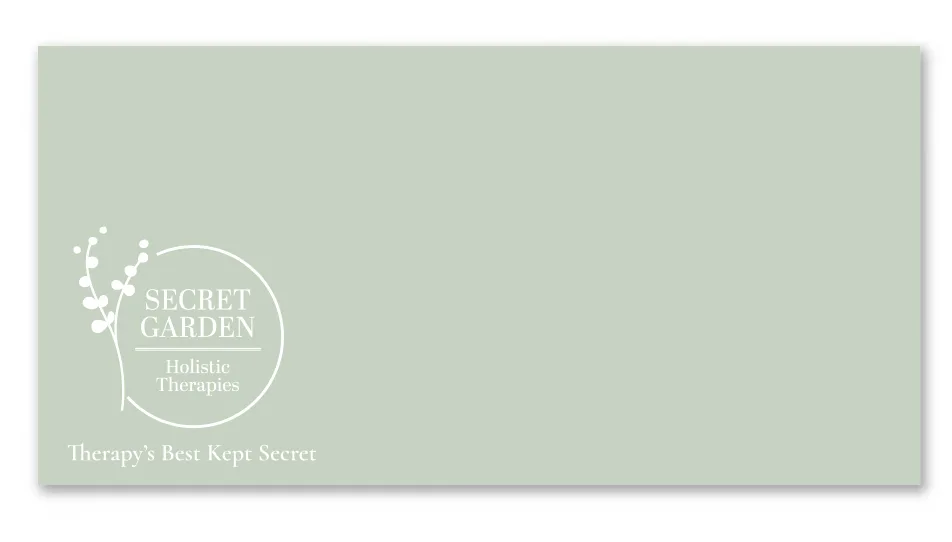 Secret Garden Holistic Therapies gift voucher envelope back designed by Corrie D Marketing