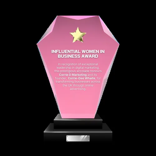 Influential Women in Business Award digital plaque honouring Corrie D Marketing and founder Corrie-Dee Whaite