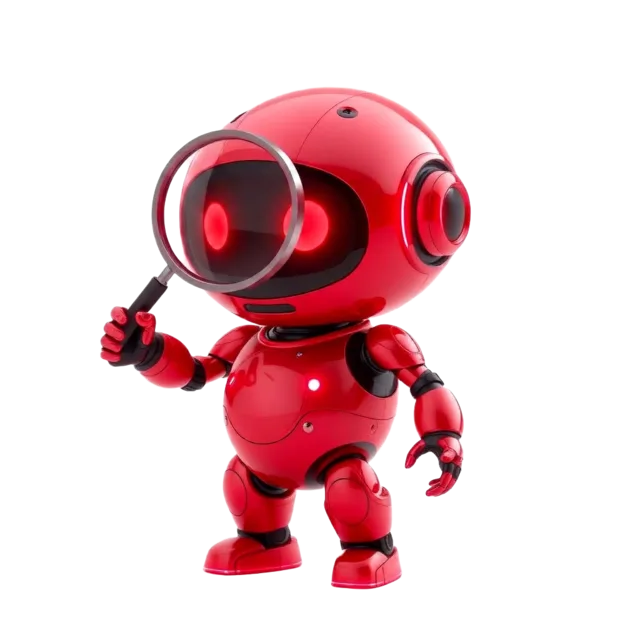 Red AI robot inspecting code with a magnifying glass
