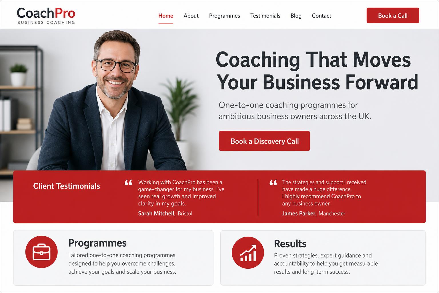CoachPro CDM website template preview for coaches and consultants