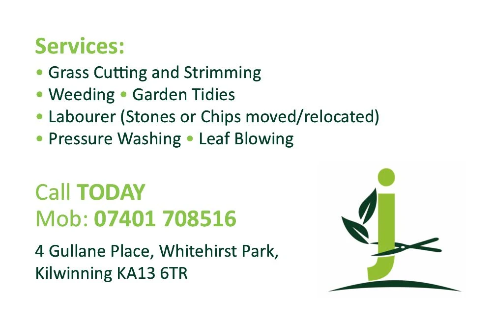 Jackson's Grass Cutting & Garden Maintenance business card back, designed by Corrie D Marketing — services list, phone number and address