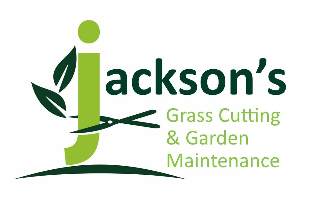 Jackson's Grass Cutting & Garden Maintenance business card front, designed by Corrie D Marketing — green leaf and shears logo